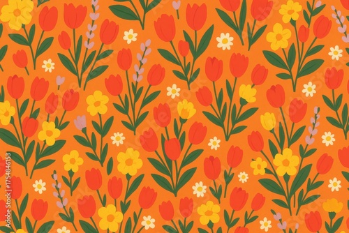 Colorful floral pattern of vibrant red tulips, yellow daisies, and lavender against a warm orange backdrop. A stunning display of nature's beauty