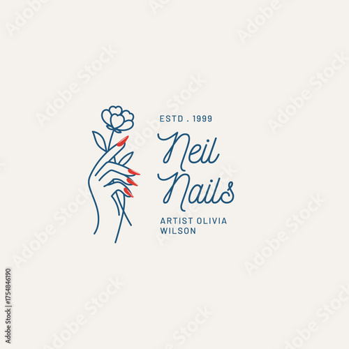 Elegant nail salon logo design with stylized hand holding flower and trendy red manicure - perfect for modern beauty branding and marketing