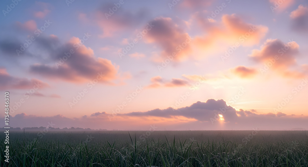 Fototapeta premium Idyllic sunrise over field with soft clouds and pastel sky creating a peaceful morning scene