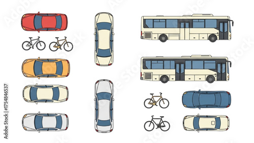 Flat design outlines of various urban transport vehicles cars, buses, and bicycles for city travel