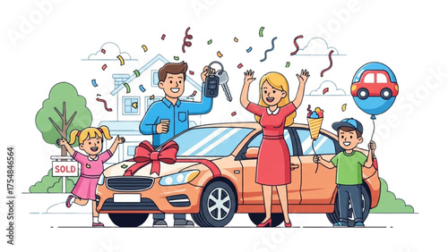 Family Celebrating New Car Purchase with Confetti and Happiness Illustration