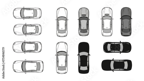 Overhead View Car Collection Line Art Vehicle Design for Web and Print Graphics