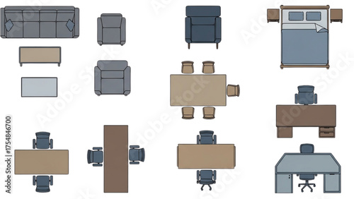 Comprehensive vector collection of overhead view furniture icons for interior and office layouts