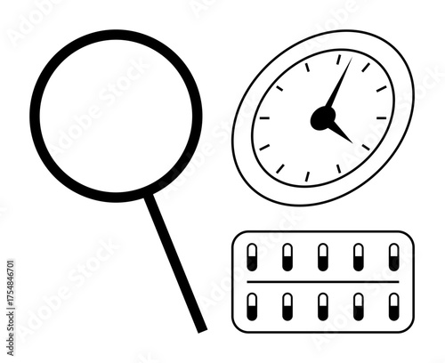 Magnifying glass, clock, and capsules symbolizing research, time management, medicine, analysis, resource allocation, healthcare planning and scientific exploration. Ideal for research medicine