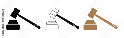 Gavel Icons Collection – Solid, Outline, and Color Styles Representing Legal Justice.