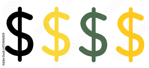 Colorful Dollar Symbol Vector Set — Financial Currency Icons Representing Money, Banking, Investment, and Business Economy Concepts for Finance, Payment, and Wealth Management Design
