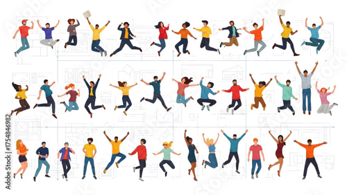 Diverse Group of Happy People Leaping with Joy and Excitement Dynamic Illustrations of Individuals Celebrating Success and Freedom