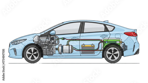 Illustration of a hybrid car's internal mechanics and power system