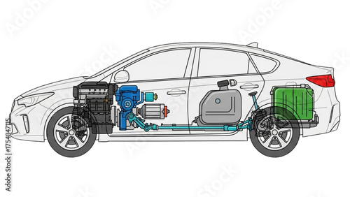 Detailed cross-section illustration of an advanced vehicle's powertrain and energy storage system architecture for modern transportation