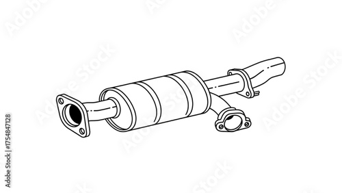 Detailed line art illustration of an automotive catalytic converter, essential for vehicle exhaust system emission control