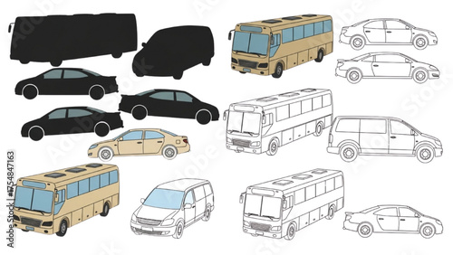 Comprehensive Collection of Urban and Public Transport Vehicle Graphics Cars, Buses, and Vans in Assorted Illustration Styles