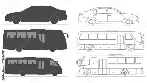 Vehicle silhouettes car, bus, and minivan line art drawings