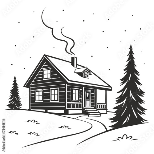 Cozy cabin in winter with smoke coming from the chimney