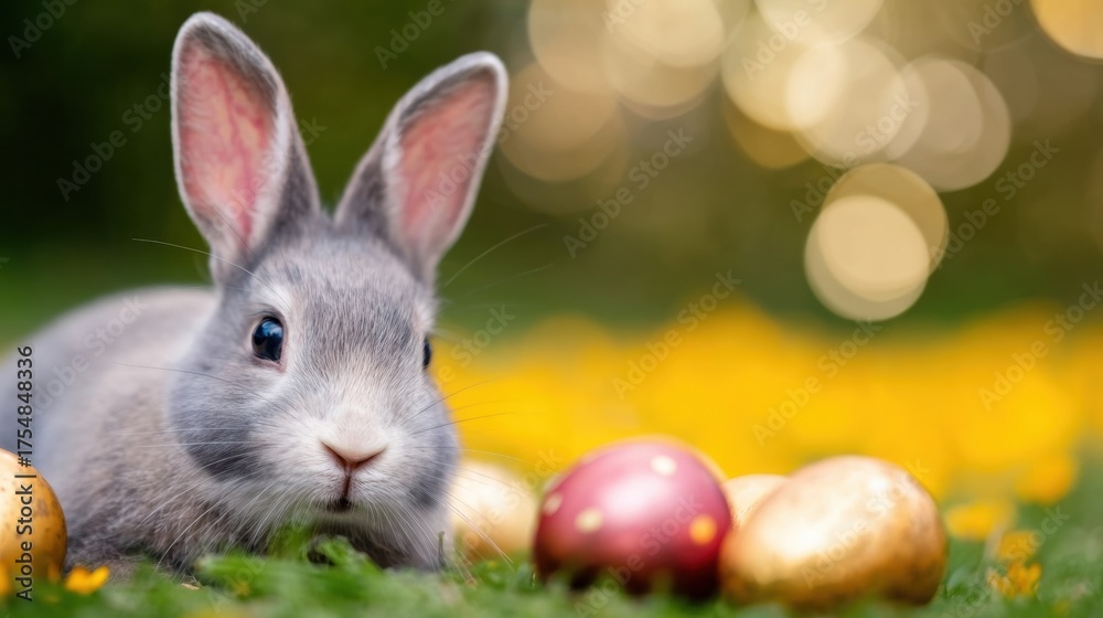 Obraz premium Cute gray rabbit with Easter eggs in a vibrant garden setting during springtime