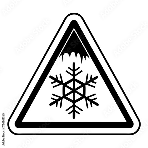 Triangular road sign warning of slippery road due to snow