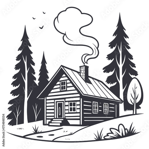 Cabin in the woods with smoke coming out of the chimney