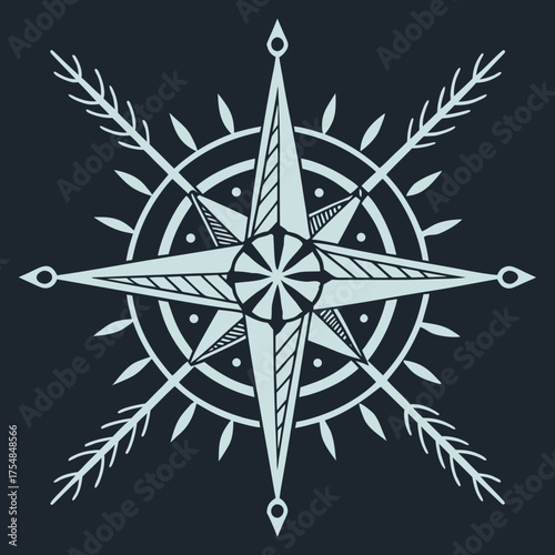 Compass rose with arrows pointing to the cardinal directions on dark blue