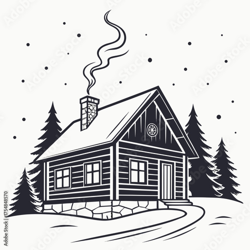 Cozy winter cabin in the woods with smoke coming from the chimney