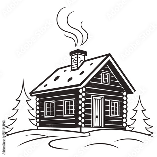Winter cabin in the woods with smoke coming from the chimney