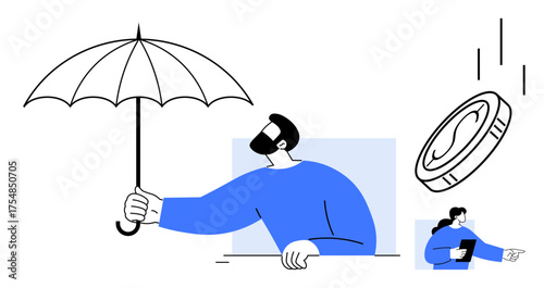 Person holds umbrella shielding falling coins, representing financial security while assisting coworker with a tablet. Ideal for insurance, investment, teamwork, support, guidance, protection, simple