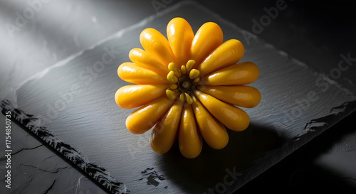 Vibrant yellow flower blossom petals opening on a textured gray surface with dramatic lighting