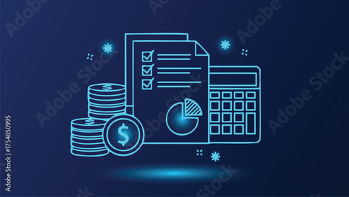 Neon blue line art of financial documents, coins, and calculator for business accounting