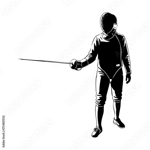 Black and White Line Art Illustration of Fencer