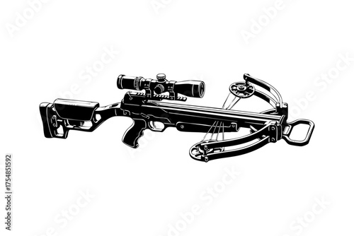 Black and White Line Art Illustration of Modern Crossbow