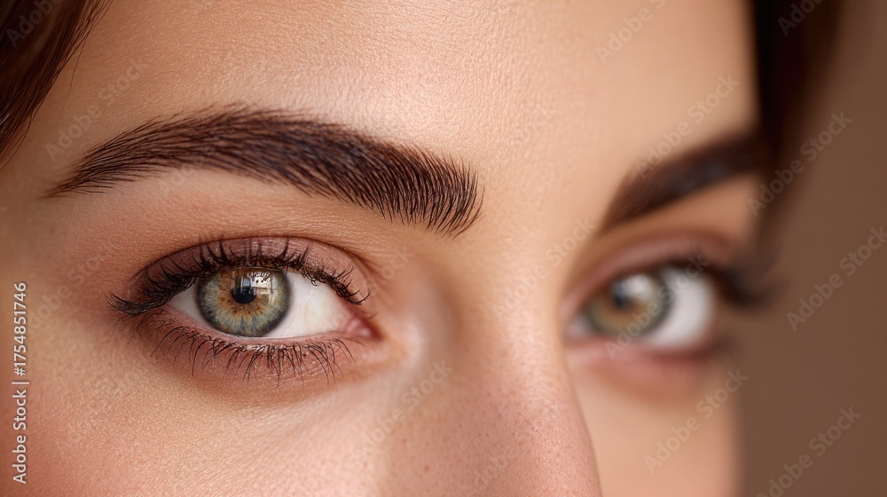 Obraz premium A woman gazes into the camera, highlighting her striking eyes and well-defined eyebrows