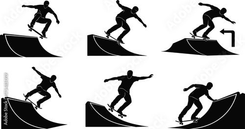 Silhouette skateboarder performing tricks on ramp, extreme sport action sequence, skate park training, urban youth culture, adrenaline, balance, motion, freedom
