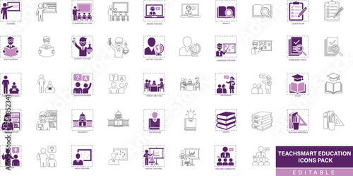 Teacher and Education icon set featuring classroom, online learning, lesson plans, and mentorship concepts. Thin line editable stroke vector illustration for academic and training design