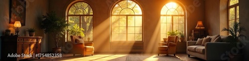 Sunbeams Dance in Cozy Loft Apartment Serene Sunlight Illuminates Dust Motes, Creating a Warm and Peaceful Atmosphere