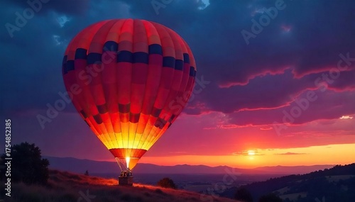 Serene Hot Air Balloon at Dusk Vibrant Colors Glow Against Twilight Sky, Dreamlike Peaceful Scene Perfect for Travel and Fantasy