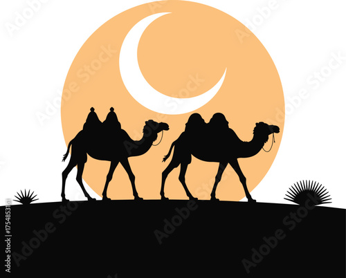 Camels walking across a vast desert landscape at sunset silhouette