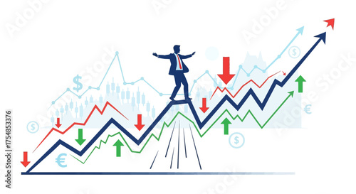 Strategic Business Professional Skillfully Navigating Dynamic Financial Markets, Balancing Investment Risk Amidst Volatility, Growth, and Economic Fluctuations