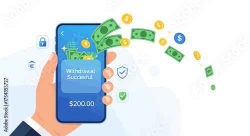 Successful mobile transaction Illustration of cash withdrawal process from a smartphone