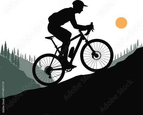 Man riding bicycle up steep mountain path dynamic silhouette illustration