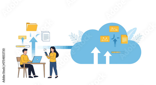 Modern flat vector illustration of colleagues investing in cloud computing services for seamless data synchronization and secure online storage