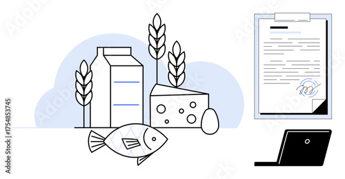 Dairy, fish, cheese, wheat, document with a signature, and laptop symbolizing food safety standards. Ideal for food regulation, certification, quality control health protocols sustainability safe