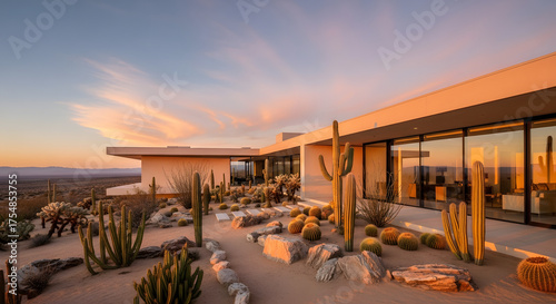 Modern desert home with expansive windows and cacti during a vibrant sunset.