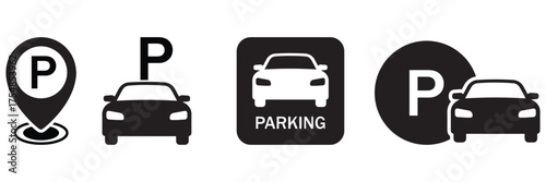 Car Parking Icon Set – Vehicle Park Symbol and Road Sign Vector Illustration for Transport and Navigation Design