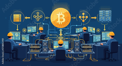 Bitcoin Network Operation Center Digital Currency Mining and Processing Illustration