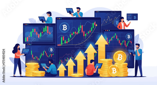 Financial concept of digital currency investment showing traders analyzing market charts on screens for profit and growth