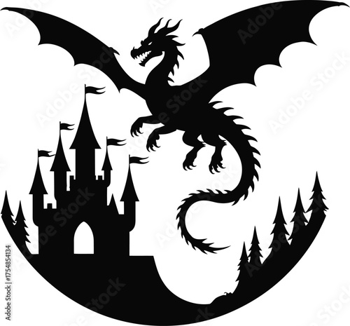 Mystical dragon guarding a majestic castle silhouette illustration