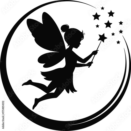 Enchanting fairy with a magic wand and sparkling stars silhouette