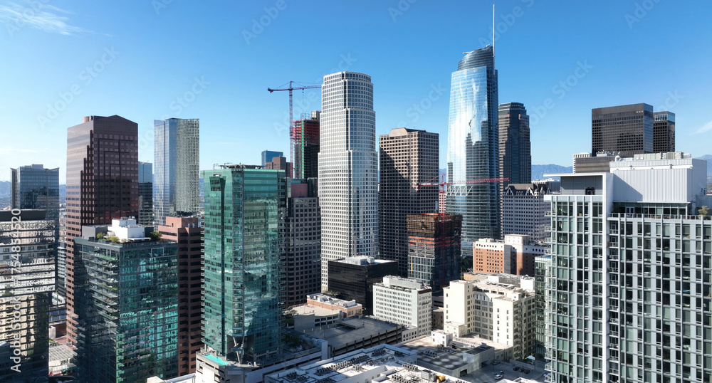 Fototapeta Aerial panorama of Los Angeles city skyline with skyscrapers. Drone shot of downtown Los Angeles. Wide drone panorama of Los Angeles. Aerial cityscape view of LA. Panoramic skyline of Los Angeles.