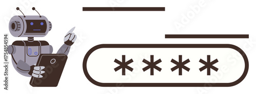 Robot holding clipboard and pen next to password field. Ideal for technology, security, automation, AI, password management, innovation, digital safety. Simple flat metaphor