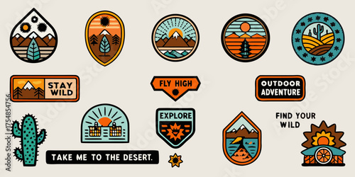 Collection of outdoor adventure patches and stickers featuring mountains forests and desert landscapes