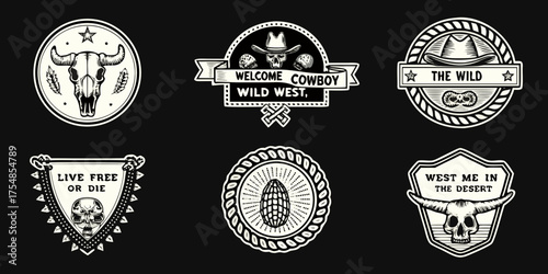 Collection of six vintage wild west themed emblems and badges featuring skulls bull skulls cowboy hats and western motifs