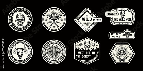 Collection of vintage western style badges and emblems featuring skulls and desert motifs